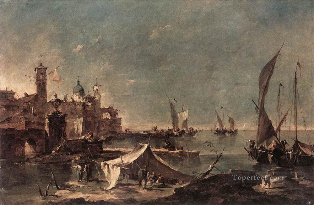 Landscape with a Fishermans Tent Venetian School Francesco Guardi Oil Paintings